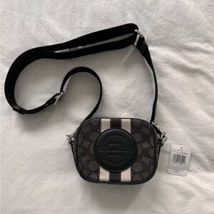 Mini Dempsey Camera Bag is Signature Jacquard with Stripe Coach Patch